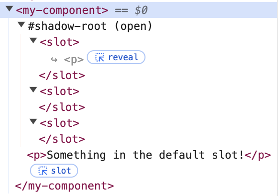 DOM inspector showing multiple slot elements in the my-component component, but only the first slot element has content