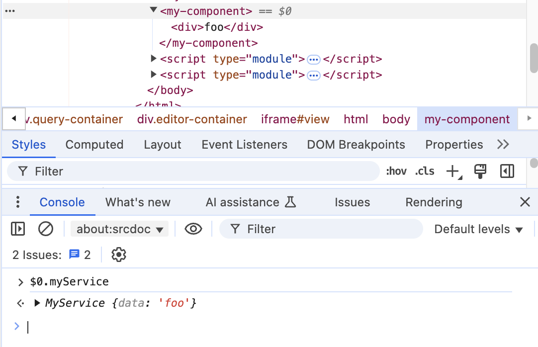 An open console that is debugging a web component, and seeng 'MyService' stored as a property on the web component